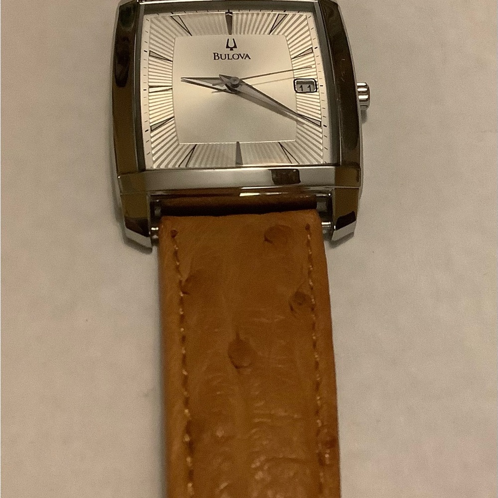 Bulova Silver Watch with Brown Leather Strap